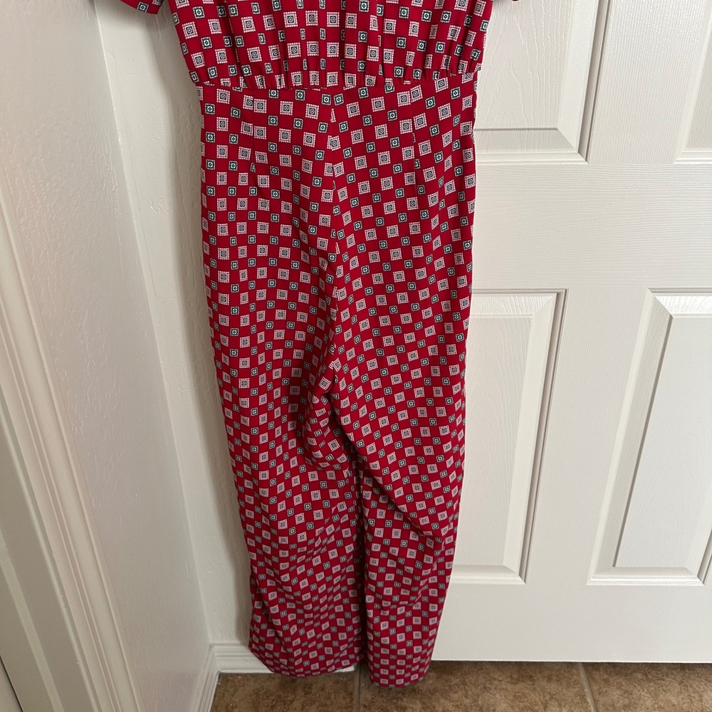 Sandro Paris Red "Laith" Geometric Tile Print Tie-Front Wide Leg Jumpsuit US 4 - Picture 8 of 11